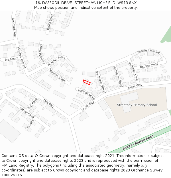 16, DAFFODIL DRIVE, STREETHAY, LICHFIELD, WS13 8NX: Location map and indicative extent of plot