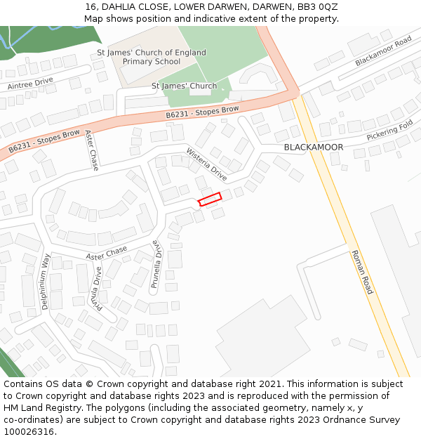 16, DAHLIA CLOSE, LOWER DARWEN, DARWEN, BB3 0QZ: Location map and indicative extent of plot