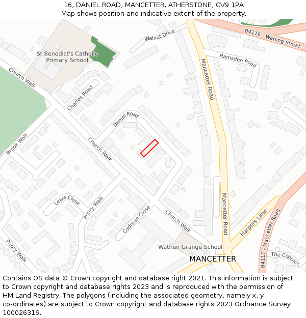 16, DANIEL ROAD, MANCETTER, ATHERSTONE, CV9 1PA: Location map and indicative extent of plot