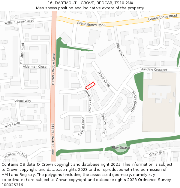 16, DARTMOUTH GROVE, REDCAR, TS10 2NX: Location map and indicative extent of plot