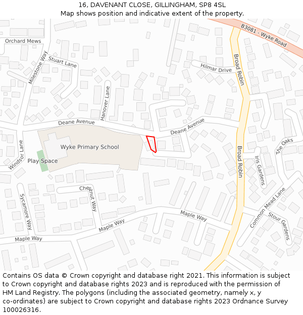 16, DAVENANT CLOSE, GILLINGHAM, SP8 4SL: Location map and indicative extent of plot