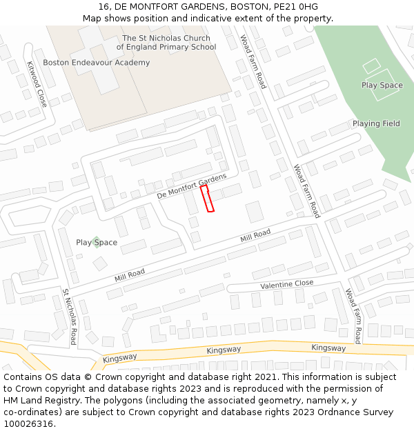 16, DE MONTFORT GARDENS, BOSTON, PE21 0HG: Location map and indicative extent of plot