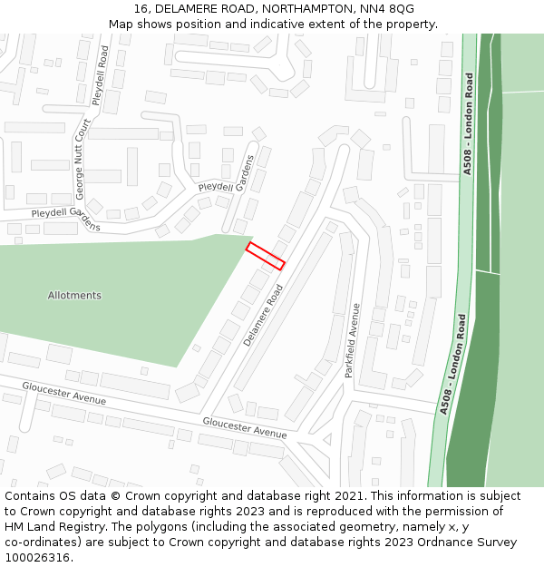 16, DELAMERE ROAD, NORTHAMPTON, NN4 8QG: Location map and indicative extent of plot