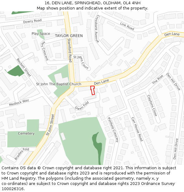 16, DEN LANE, SPRINGHEAD, OLDHAM, OL4 4NH: Location map and indicative extent of plot