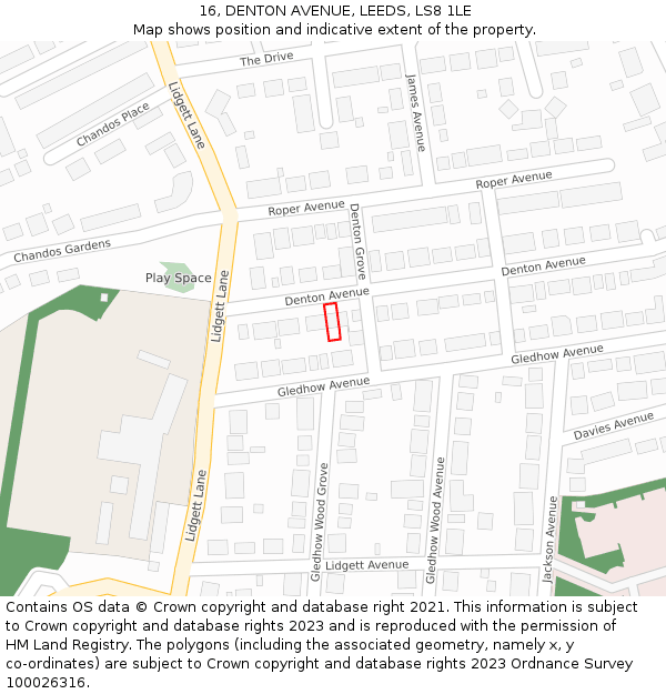 16, DENTON AVENUE, LEEDS, LS8 1LE: Location map and indicative extent of plot