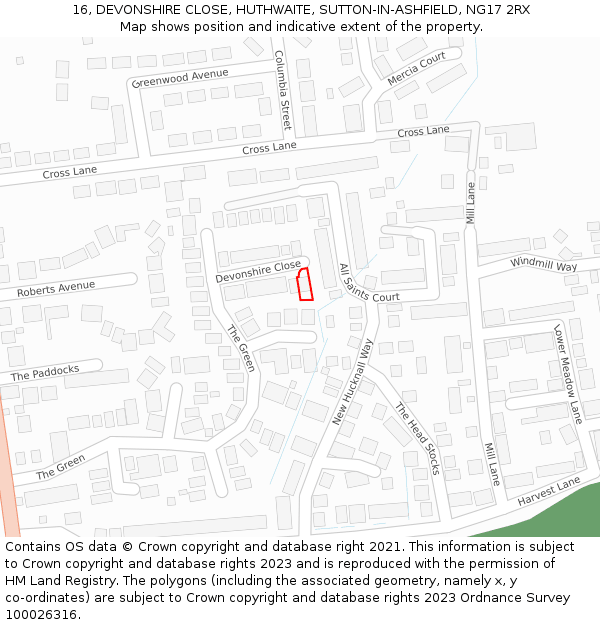 16, DEVONSHIRE CLOSE, HUTHWAITE, SUTTON-IN-ASHFIELD, NG17 2RX: Location map and indicative extent of plot