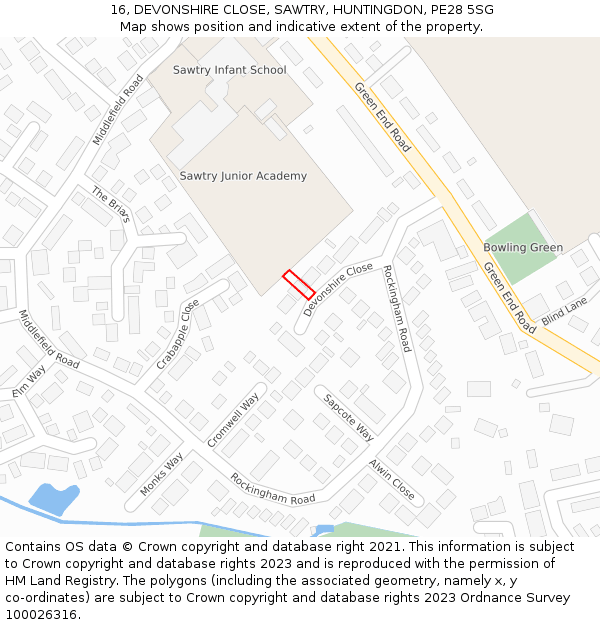 16, DEVONSHIRE CLOSE, SAWTRY, HUNTINGDON, PE28 5SG: Location map and indicative extent of plot