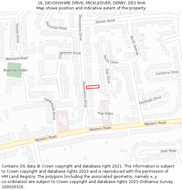 16, DEVONSHIRE DRIVE, MICKLEOVER, DERBY, DE3 9HA: Location map and indicative extent of plot