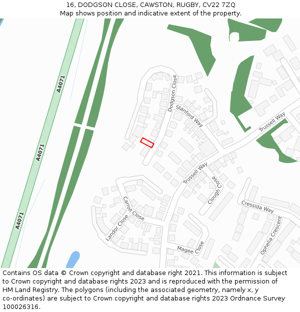 16, DODGSON CLOSE, CAWSTON, RUGBY, CV22 7ZQ: Location map and indicative extent of plot