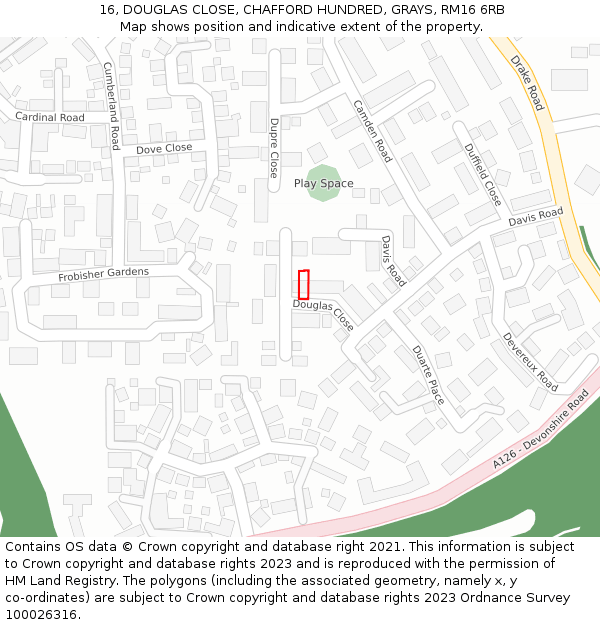 16, DOUGLAS CLOSE, CHAFFORD HUNDRED, GRAYS, RM16 6RB: Location map and indicative extent of plot