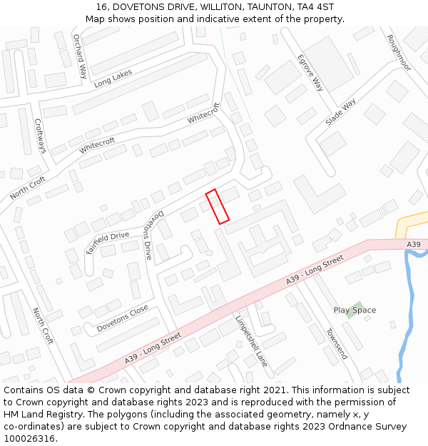 16, DOVETONS DRIVE, WILLITON, TAUNTON, TA4 4ST: Location map and indicative extent of plot