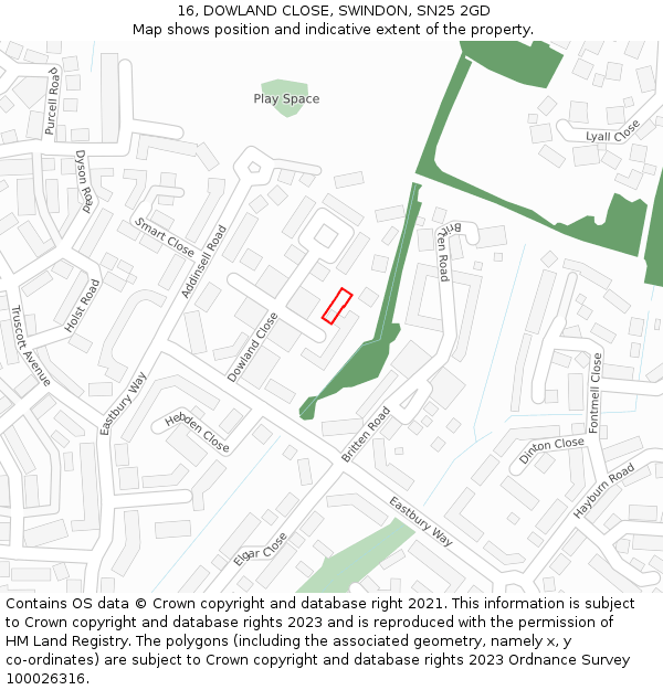 16, DOWLAND CLOSE, SWINDON, SN25 2GD: Location map and indicative extent of plot