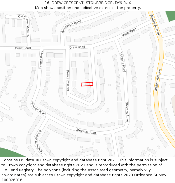 16, DREW CRESCENT, STOURBRIDGE, DY9 0UX: Location map and indicative extent of plot