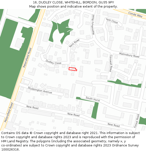 16, DUDLEY CLOSE, WHITEHILL, BORDON, GU35 9PY: Location map and indicative extent of plot