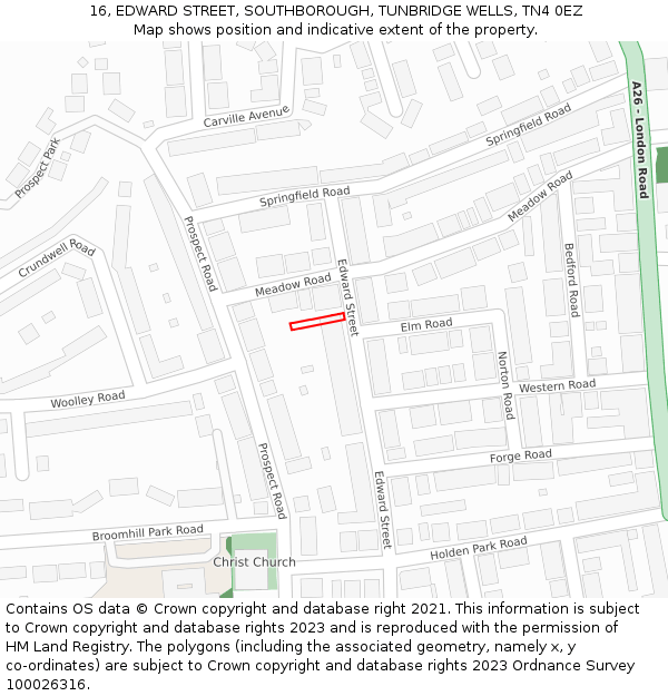 16, EDWARD STREET, SOUTHBOROUGH, TUNBRIDGE WELLS, TN4 0EZ: Location map and indicative extent of plot