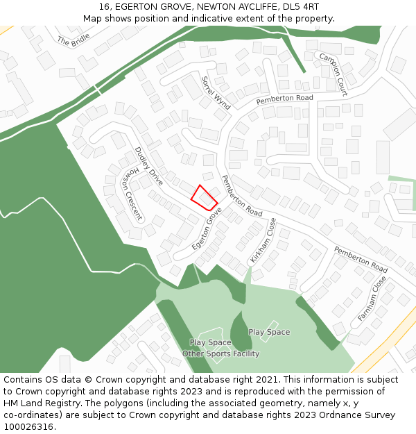 16, EGERTON GROVE, NEWTON AYCLIFFE, DL5 4RT: Location map and indicative extent of plot