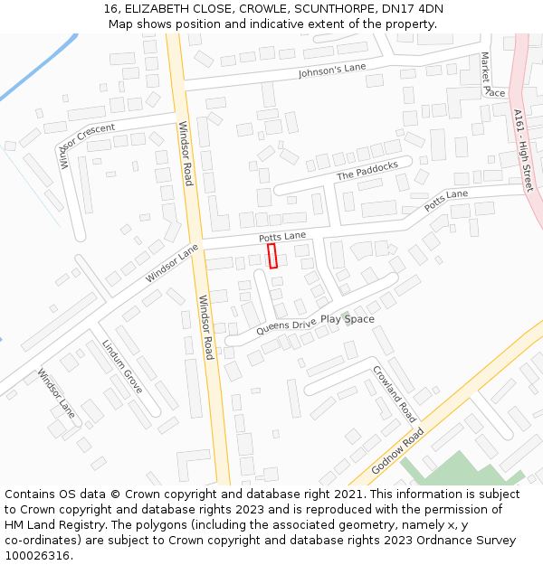 16, ELIZABETH CLOSE, CROWLE, SCUNTHORPE, DN17 4DN: Location map and indicative extent of plot