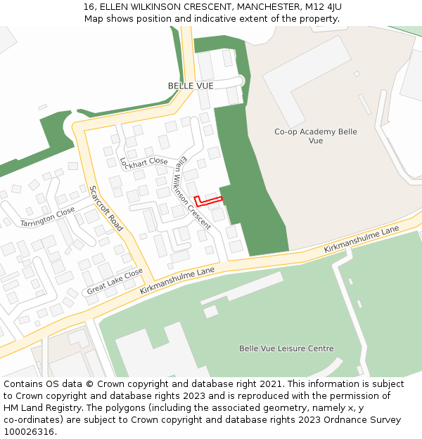 16, ELLEN WILKINSON CRESCENT, MANCHESTER, M12 4JU: Location map and indicative extent of plot