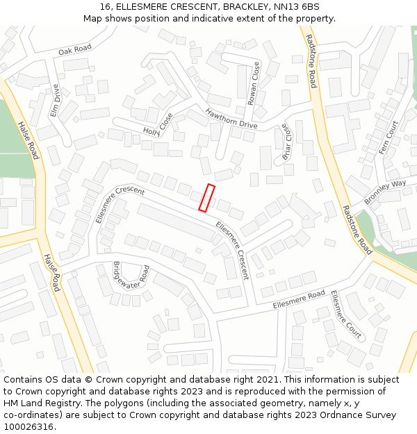 16, ELLESMERE CRESCENT, BRACKLEY, NN13 6BS: Location map and indicative extent of plot