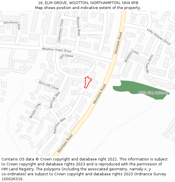 16, ELM GROVE, WOOTTON, NORTHAMPTON, NN4 6FB: Location map and indicative extent of plot