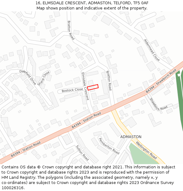 16, ELMSDALE CRESCENT, ADMASTON, TELFORD, TF5 0AF: Location map and indicative extent of plot