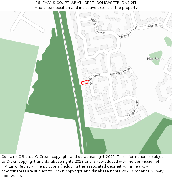 16, EVANS COURT, ARMTHORPE, DONCASTER, DN3 2FL: Location map and indicative extent of plot