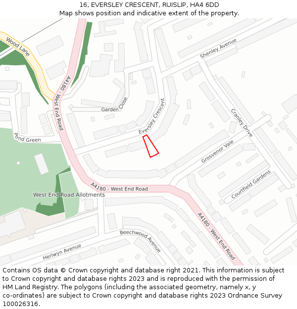 16, EVERSLEY CRESCENT, RUISLIP, HA4 6DD: Location map and indicative extent of plot