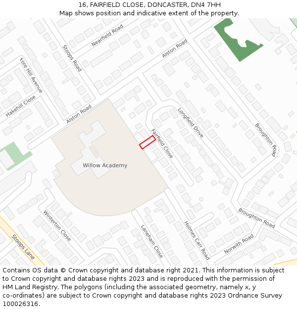 16, FAIRFIELD CLOSE, DONCASTER, DN4 7HH: Location map and indicative extent of plot
