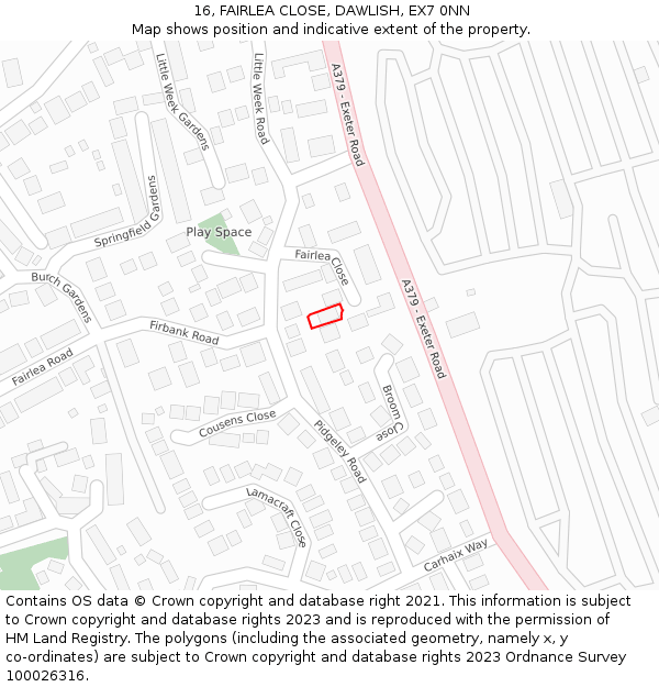 16, FAIRLEA CLOSE, DAWLISH, EX7 0NN: Location map and indicative extent of plot