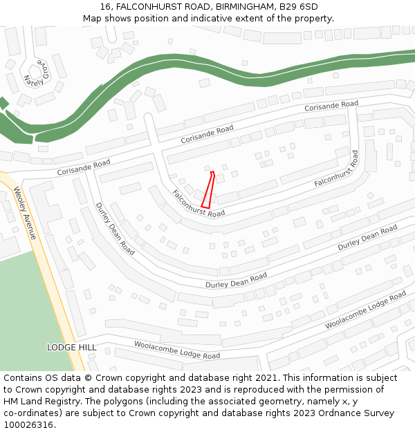 16, FALCONHURST ROAD, BIRMINGHAM, B29 6SD: Location map and indicative extent of plot