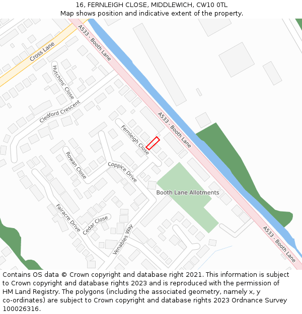 16, FERNLEIGH CLOSE, MIDDLEWICH, CW10 0TL: Location map and indicative extent of plot