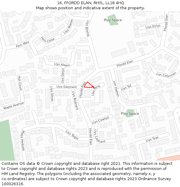 16, FFORDD ELAN, RHYL, LL18 4HQ: Location map and indicative extent of plot