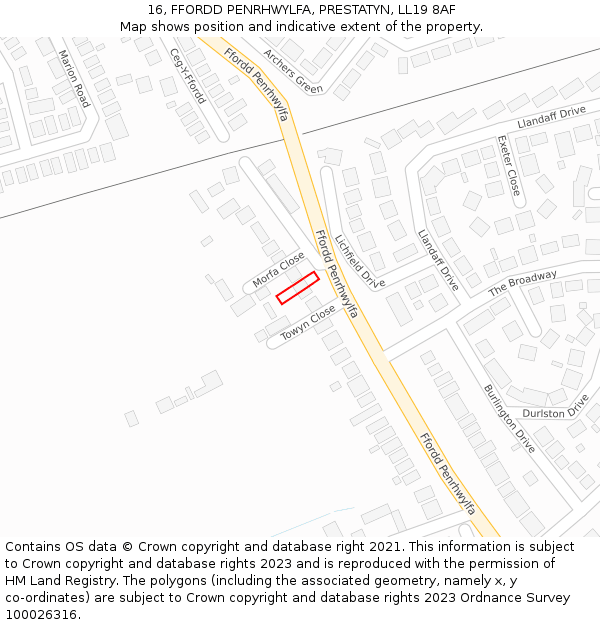 16, FFORDD PENRHWYLFA, PRESTATYN, LL19 8AF: Location map and indicative extent of plot