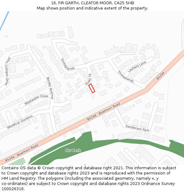 16, FIR GARTH, CLEATOR MOOR, CA25 5HB: Location map and indicative extent of plot