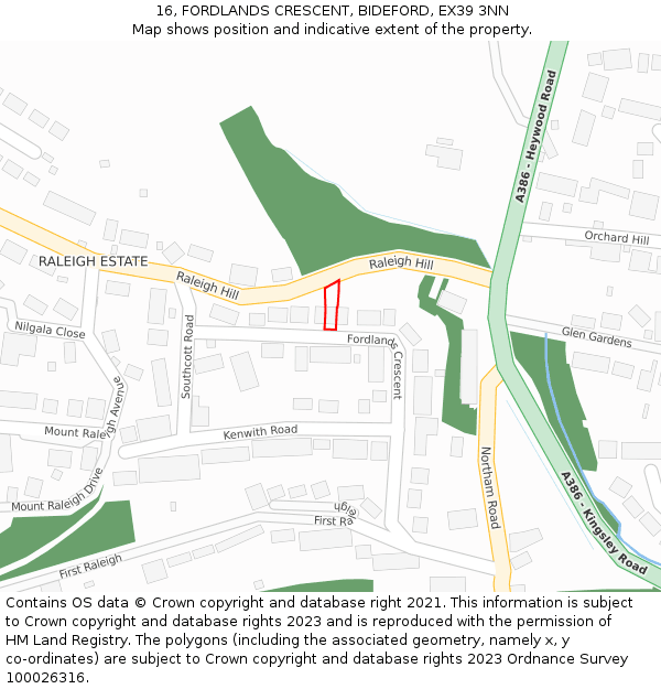 16, FORDLANDS CRESCENT, BIDEFORD, EX39 3NN: Location map and indicative extent of plot