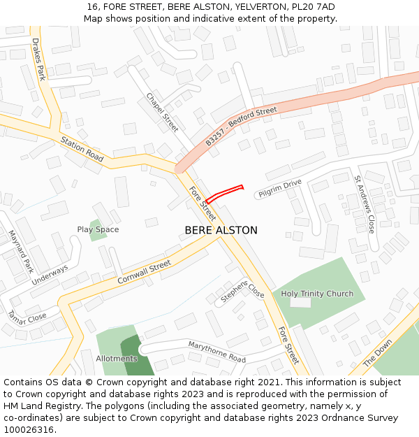 16, FORE STREET, BERE ALSTON, YELVERTON, PL20 7AD: Location map and indicative extent of plot