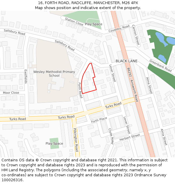 16, FORTH ROAD, RADCLIFFE, MANCHESTER, M26 4PX: Location map and indicative extent of plot