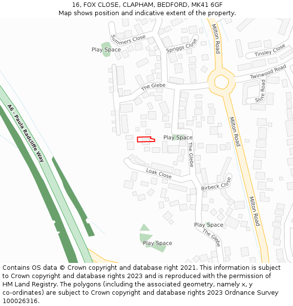 16, FOX CLOSE, CLAPHAM, BEDFORD, MK41 6GF: Location map and indicative extent of plot