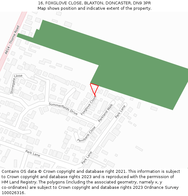16, FOXGLOVE CLOSE, BLAXTON, DONCASTER, DN9 3PR: Location map and indicative extent of plot