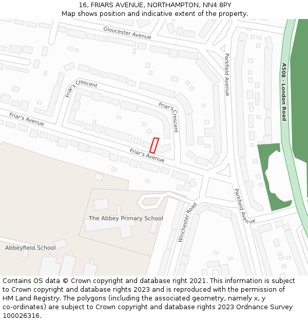 16, FRIARS AVENUE, NORTHAMPTON, NN4 8PY: Location map and indicative extent of plot