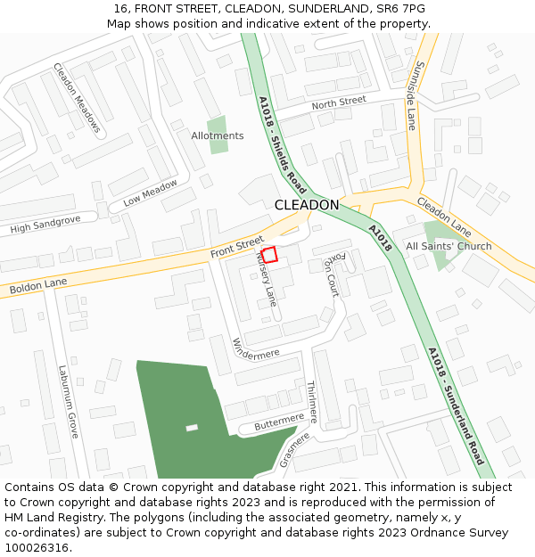16, FRONT STREET, CLEADON, SUNDERLAND, SR6 7PG: Location map and indicative extent of plot