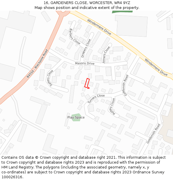 16, GARDENERS CLOSE, WORCESTER, WR4 9YZ: Location map and indicative extent of plot