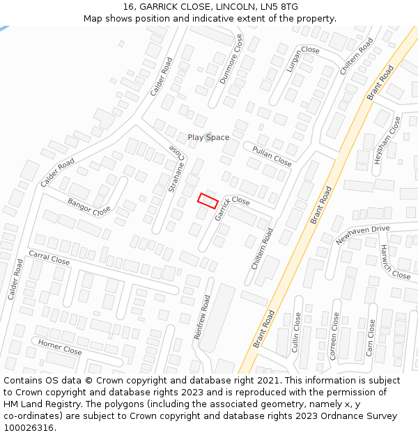 16, GARRICK CLOSE, LINCOLN, LN5 8TG: Location map and indicative extent of plot