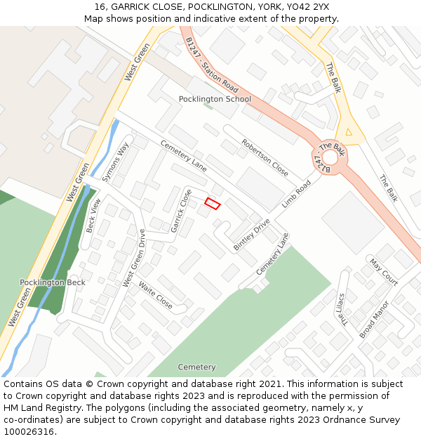 16, GARRICK CLOSE, POCKLINGTON, YORK, YO42 2YX: Location map and indicative extent of plot