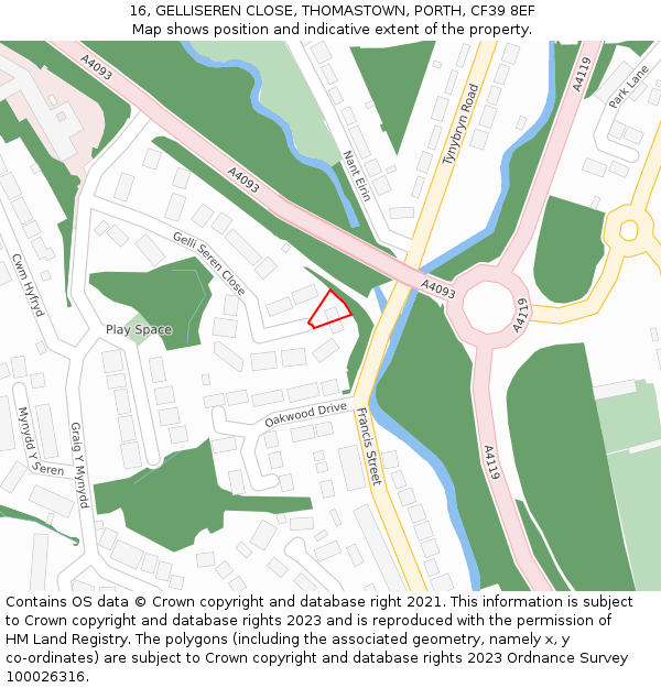 16, GELLISEREN CLOSE, THOMASTOWN, PORTH, CF39 8EF: Location map and indicative extent of plot