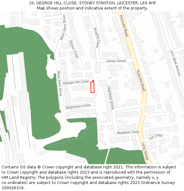 16, GEORGE HILL CLOSE, STONEY STANTON, LEICESTER, LE9 4HF: Location map and indicative extent of plot