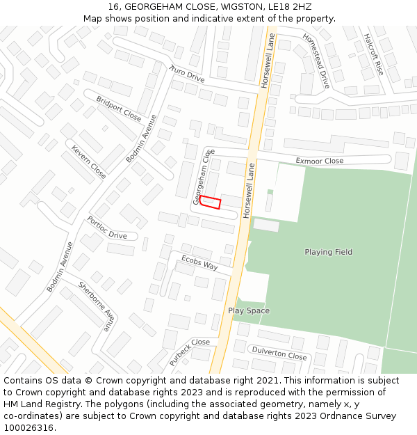 16, GEORGEHAM CLOSE, WIGSTON, LE18 2HZ: Location map and indicative extent of plot