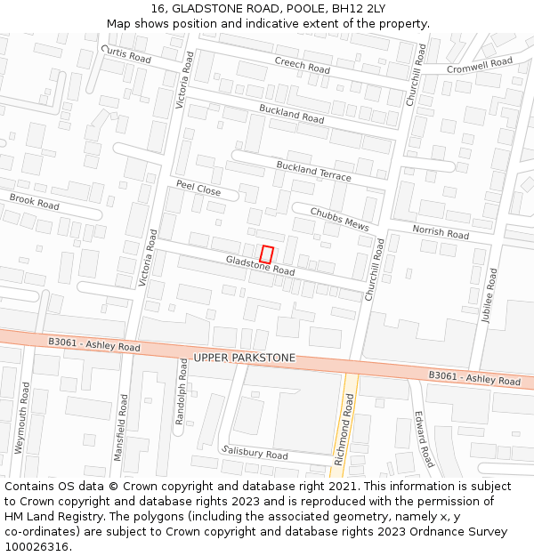 16, GLADSTONE ROAD, POOLE, BH12 2LY: Location map and indicative extent of plot