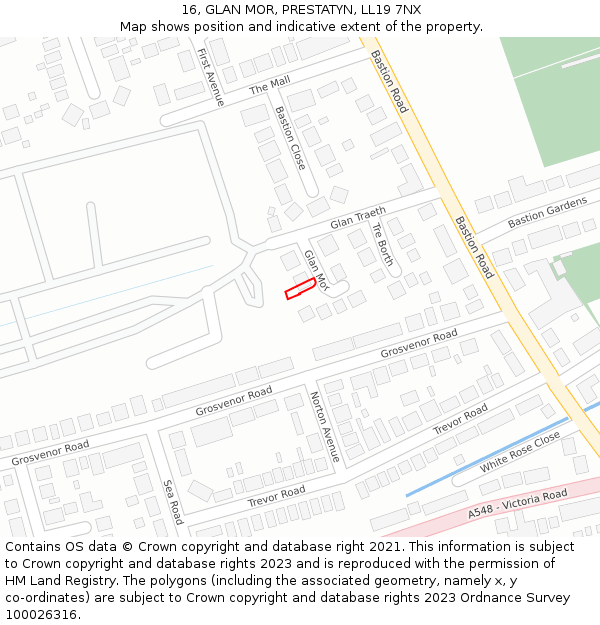 16, GLAN MOR, PRESTATYN, LL19 7NX: Location map and indicative extent of plot