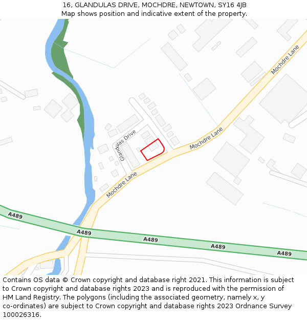 16, GLANDULAS DRIVE, MOCHDRE, NEWTOWN, SY16 4JB: Location map and indicative extent of plot